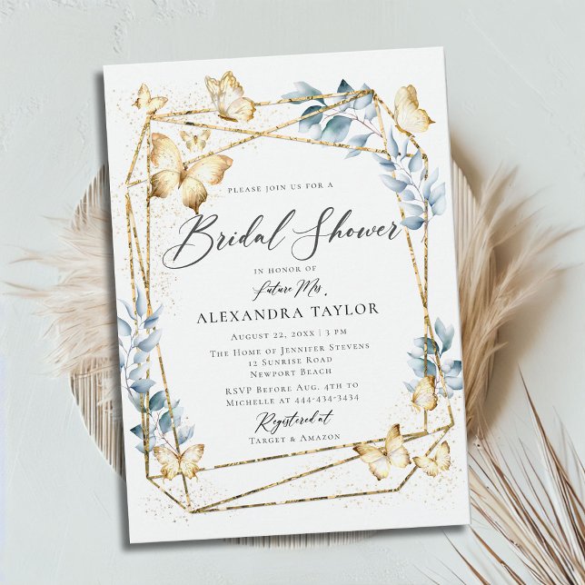 Convite Terrarium Frame Geométrico Dourado Chá de panela A (terrarium geometric frame border butterflies gold boho chic bridal shower invitation)