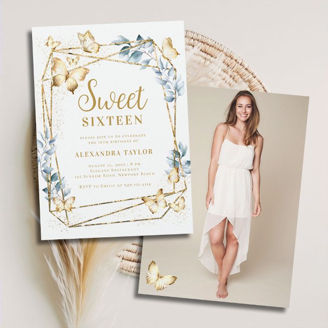 Convite Terrarium Geométrico Butterfly Foto Sweet 16 (terrarium geometric frame border butterflies gold boho chic modern contemporary sweet 16 photo)