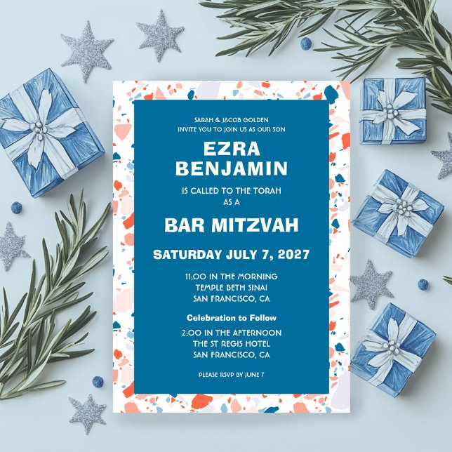 Convite Terrazzo Hand Desenhou Bar Personalizado Bat Mitzv (Terrazzo Hand Drawn Custom Bar Bat Mitzvah Invitation
)