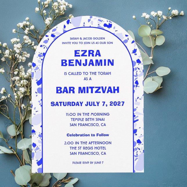 Convite Terrazzo Hand Desenhou Bar Personalizado Bat Mitzv (Terrazzo Hand Drawn Custom Bar Bat Bnai Mitzvah Arch Invitation
)