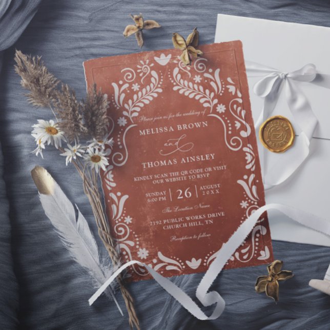 Convite Terrocotta Papel Picado Budget QR Code Wedding (Criador carregado)