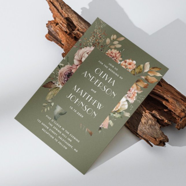 Convite Terthy Olive Green Wedding | Boho Floral QR Code (Criador carregado)