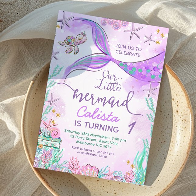 Convite Teto Roxo Nosso Pequeno primeiro aniversario De Se (Purple Teal Our Little Mermaid 1st Birthday Invitation, Instant Under the Sea Mermaid Birthday Party)