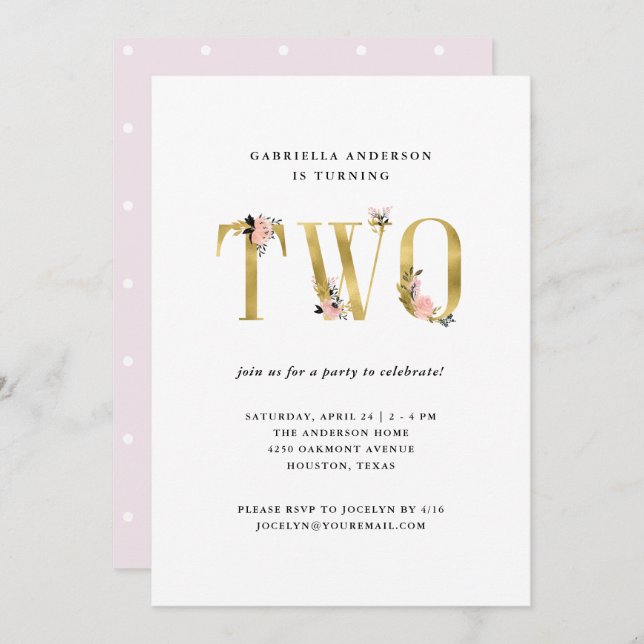 Convite Texto Bonito e Dourado| Segunda Festa de aniversár (Frente/Verso)