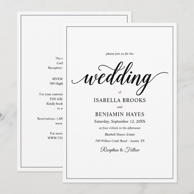 Convite Texto Clássico Preto e Negrito Branco Casamento Mi (Frente/Verso)