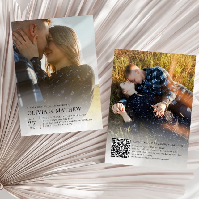 Convite Texto Clássico Simples 2 Foto Código QR Casamento (Criador carregado)