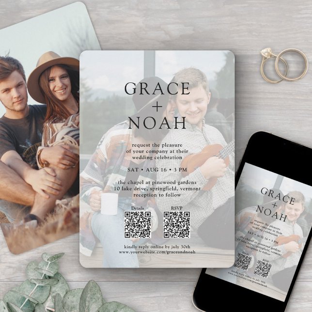 Convite Texto Clássico Simples 2 Foto QR RSVP Casamento (Criador carregado)