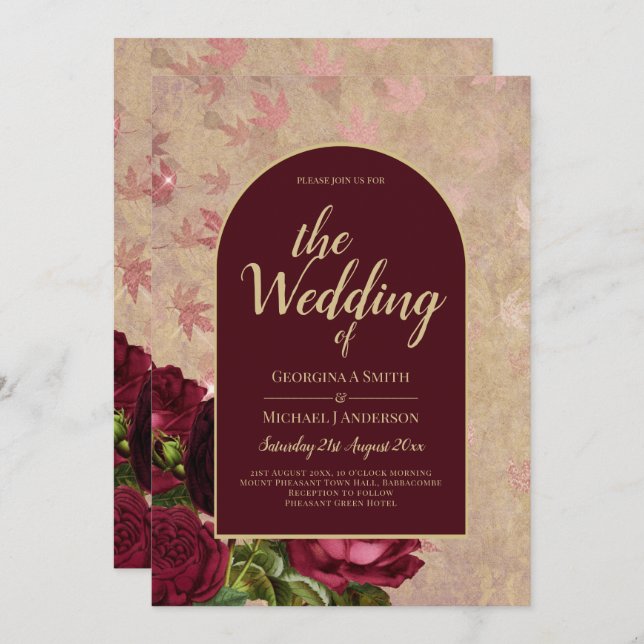 Convite Texto Dourado de Casamento de Rosas vermelhas Botâ (Frente/Verso)