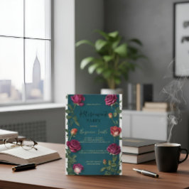 Convite Texto Dourado de Luxo Rosa Turquesa Escura Aposent