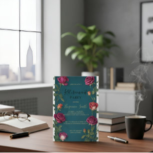 Convite Texto Dourado de Luxo Rosa Turquesa Escura Aposent
