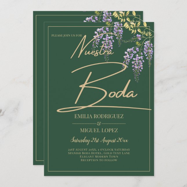 Convite Texto Dourado WISTERIA em espanhol All-in1 BODA Ve (Frente/Verso)