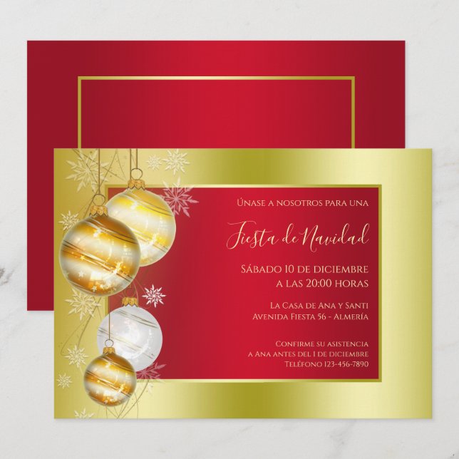 Convite Texto em espanhol com estilo Rubi e Dourado Natal  (Frente/Verso)