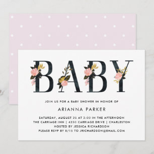 Convite Texto Floral Preto bonito   Chá de fraldas