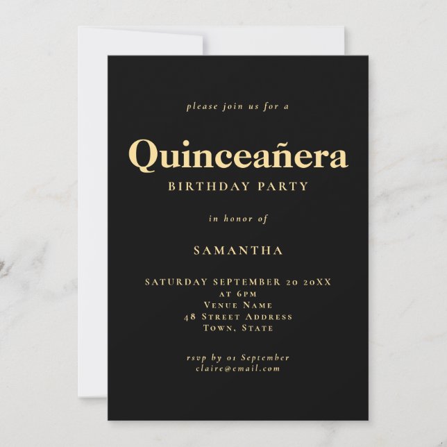Convite Texto minimalista Dourado Quinceañera Aniversário (Frente)