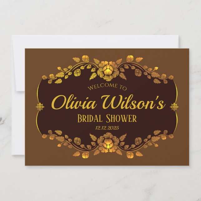 Convite Texto Personalizado Marrom e Dourado Chuveiro de N (Frente)