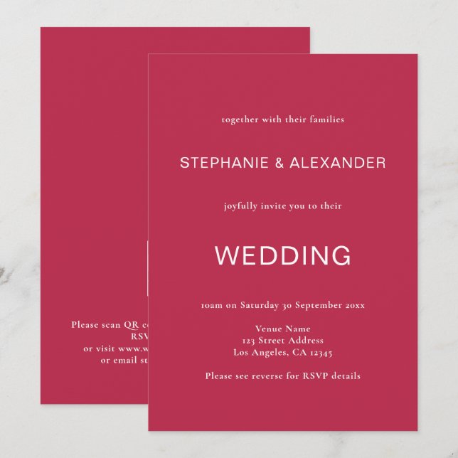 Convite Texto Simples Casamento de Código QR Magenta (Frente/Verso)