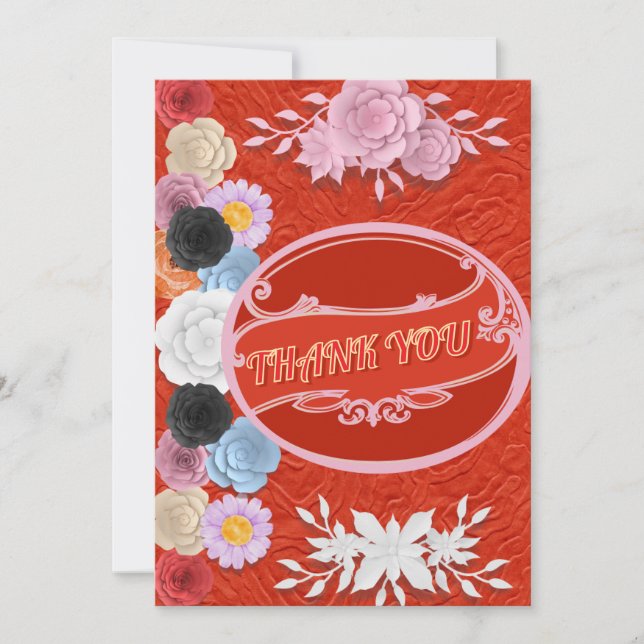 Convite Textura Floral Vermelha Obrigado Casamento (Frente)