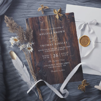 Convite Textured Wood Rustic Country QR Code Wedding