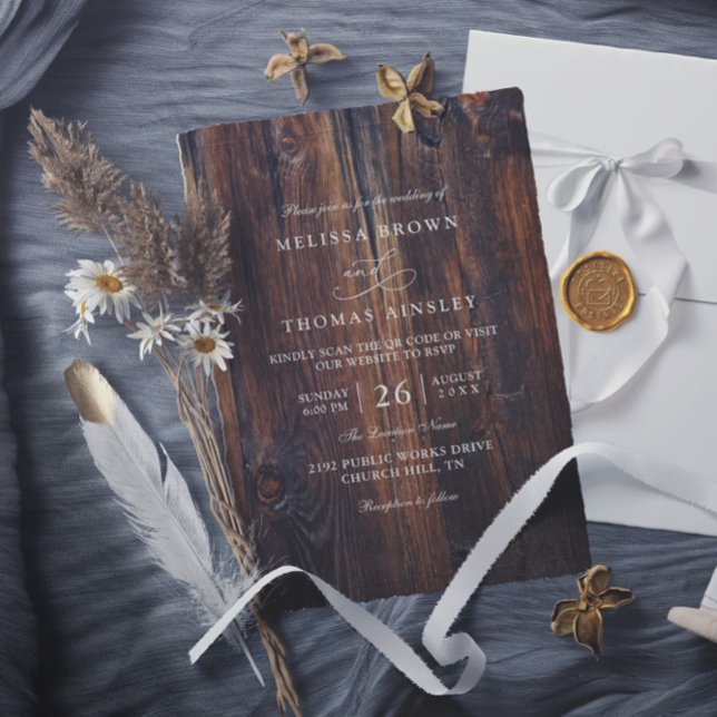 Convite Textured Wood Rustic Country QR Code Wedding (Criador carregado)
