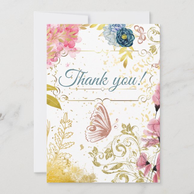 Convite Thank you, rose gold floral  (Frente)
