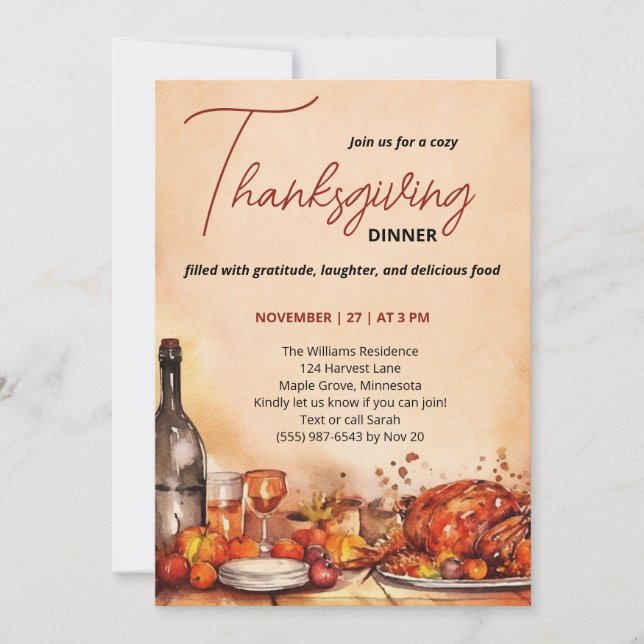 Convite Thanksgiving Dinner invitation with Autumn Feast  (Frente)