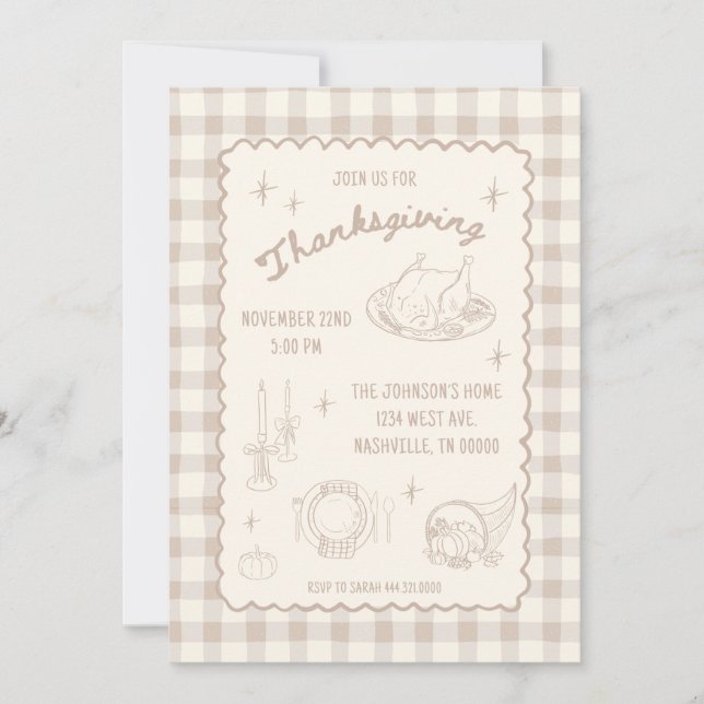 Convite Thanksgiving Gingham Tan Neutral Aesthetic (Frente)