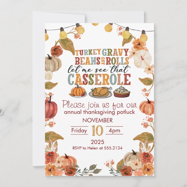 Convite Thanksgiving Potluck Invitation Rustic Fall Party (Frente)
