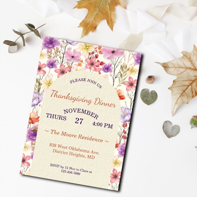Convite Thanksgiving Romantic Watercolor Florals Custom (Criador carregado)
