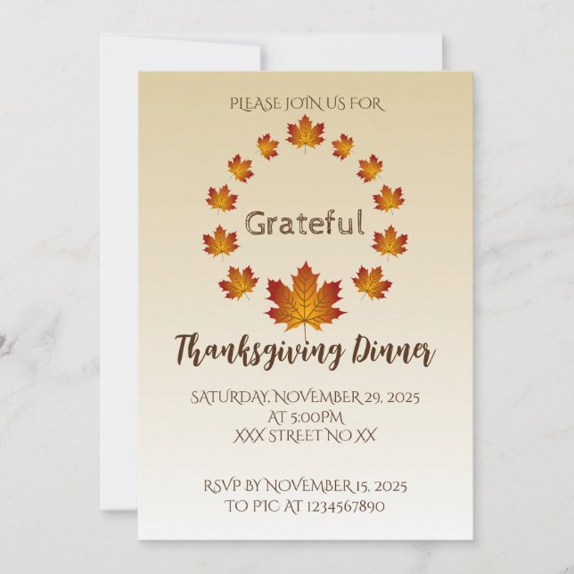 Convite Thanksgiving Wreath Grateful Simple Maple Leaves (Frente)