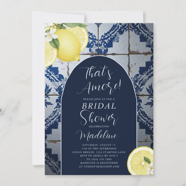 Convite That's Amore Blue Tile Lemon Bridal Shower (Frente)