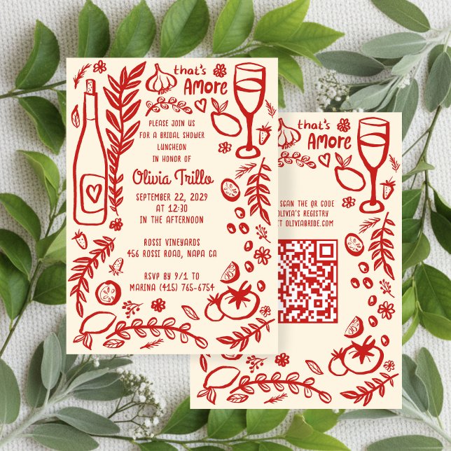 Convite That's Amore Italian Food CUSTOM Bridal Shower QR  (That's Amore Hand-drawn Doodle Italian Food CUSTOM QR code Bridal Shower Party Invitation
)