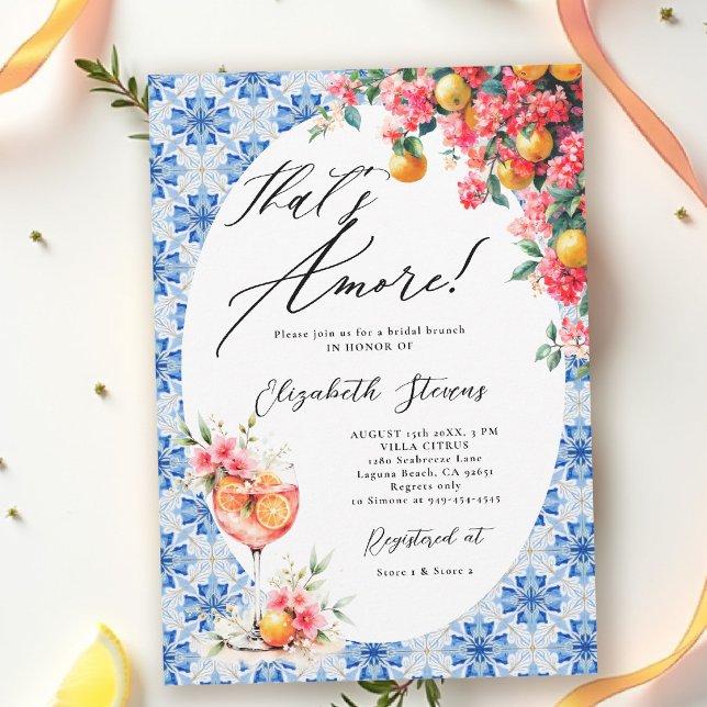 Convite Thats Amore Italian Lemon Floral Bridal Shower  (thats amore italian themed bridal shower invitation lemon and blue watercolor floral bouganvillea)