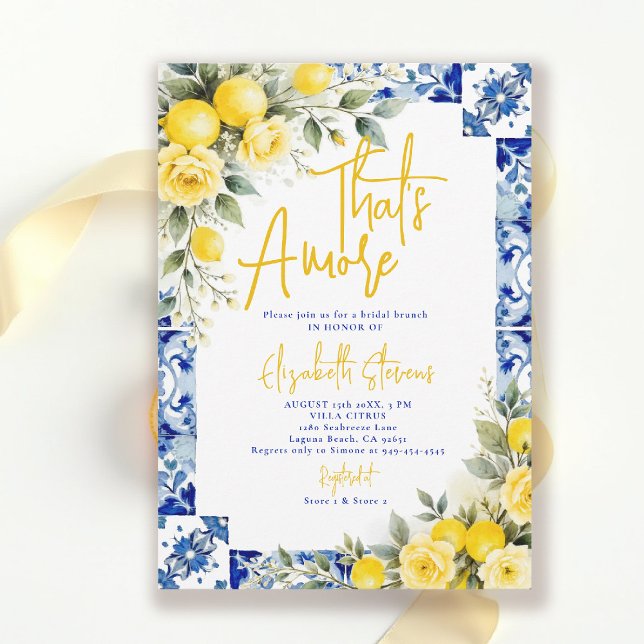 Convite That's Amore Lemon and Blue Floral Bridal Shower  (thats amore bridal shower theme lemon and blue italian summer invitation yellow roses floral)