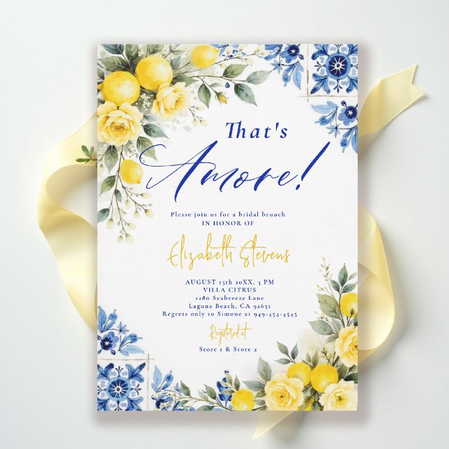 Convite That's Amore Lemon Blue Frame Roses Bridal Shower  (thats amore bridal shower theme lemon blue tile italian summer invitation yellow roses floral)