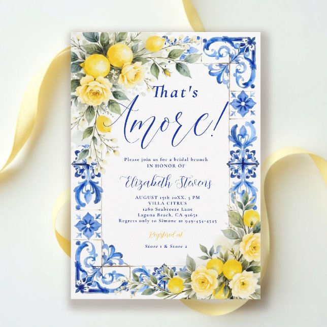 Convite That's Amore Lemon Blue Tile Floral Bridal Shower  (thats amore bridal shower theme lemon blue tile frame italian summer invitation yellow roses floral)