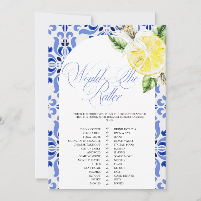 Convite That's Amore Lemon Italian Blue Tile Bridal Shower (Frente)