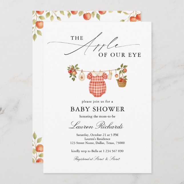 Convite The Apple Of Our Eye Clothesline Plaid Baby Shower (Frente/Verso)