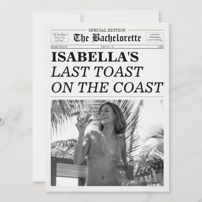 Convite The Bachelorette Newspaper Last Toast On The Coast (Frente)