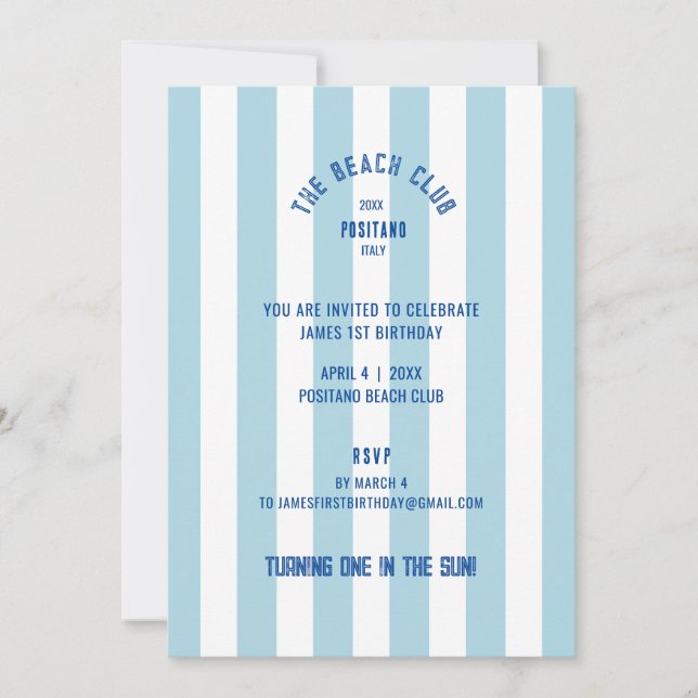 Convite The Beach Club Blue Cabana Stripe 1s Birthday (Frente)