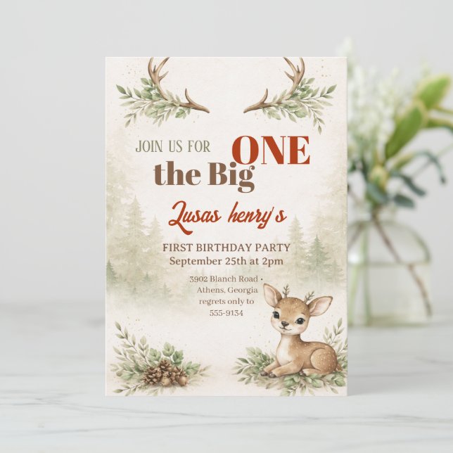 Convite The Big ONE Deer First Hunting 1st Birthday  (Em pé/Frente)