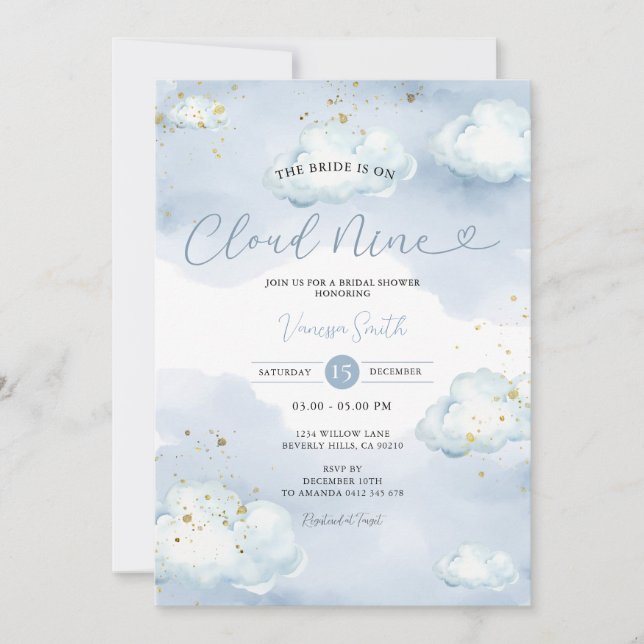 Convite The Bride is Cloud Nine Bridal Shower Gold Glitter (Frente)