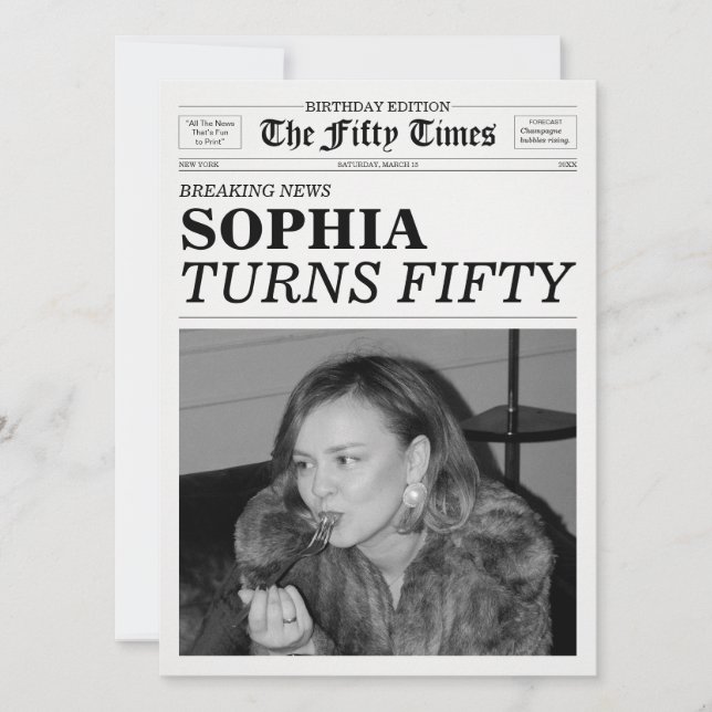 Convite The Fifty Times Newspaper 50th Birthday Party (Frente)