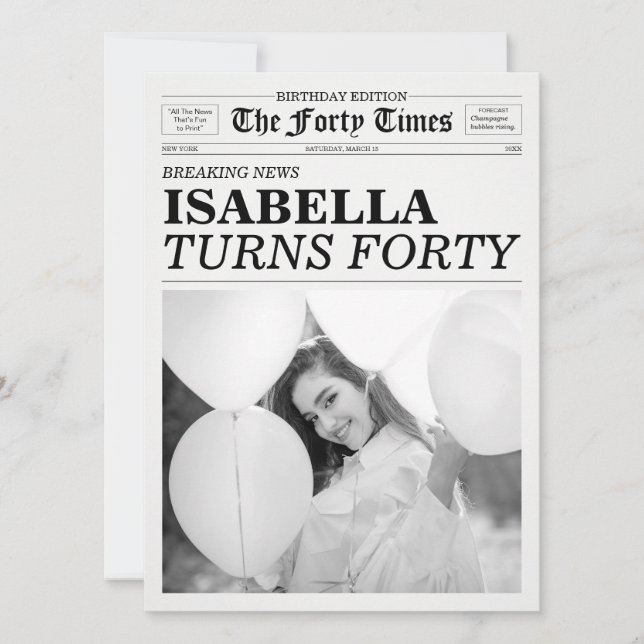 Convite The Forty Times Newspaper 40th Birthday Party (Frente)