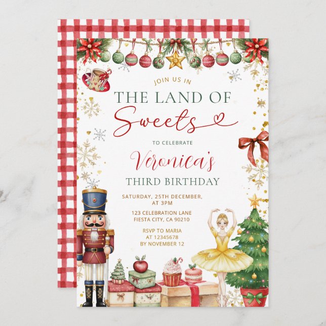 Convite The Land Of Sweets Nutcracker Christmas Birthday (Frente/Verso)
