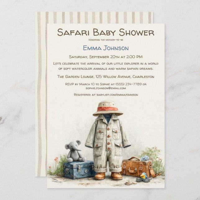 Convite The Little Explorer | Safari Adventure Baby Shower (Frente/Verso)
