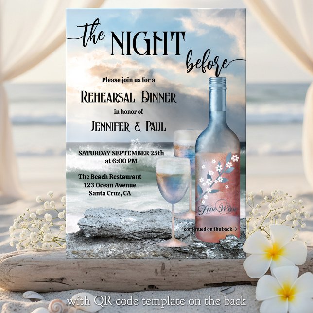 Convite The Night Before Beach and Wine Rehearsal Dinner (Rehearsal Dinner invitation featuring a fine art painted  wine bottle with two glasses on the beach)
