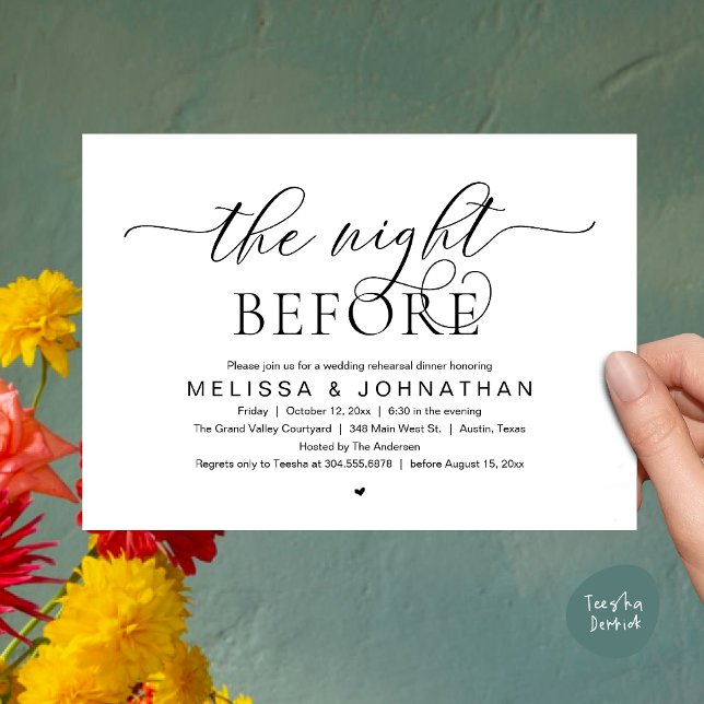 Convite The Night Before, Classy Wedding Rehearsal Dinner (The Night Before, Classy Modern Wedding Rehearsal Dinner Invitation Card PDF Black White)