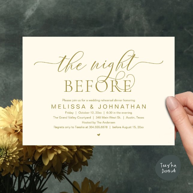 Convite The Night Before, Classy Wedding Rehearsal Dinner (The Night Before, Classy Wedding Rehearsal Dinner Invitation card PDF Modern aesthetic Yellow Gold)