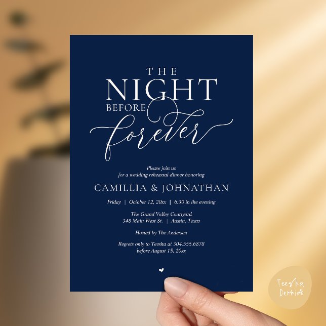 Convite “The Night Before Forever” Ivory Navy Rehearsal (“The Night Before Forever” Ivory Navy Blue Rehearsal Invitation Card)