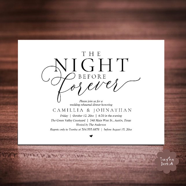 Convite “The Night Before Forever” Modern Rehearsal Dinner (“The Night Before Forever” Modern Classy Rehearsal Dinner Invitation card in black and white)